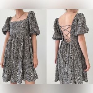 By Together Cheetah Print Puff Sleeve Baby Doll Swing Mini Dress Grey Black NWT